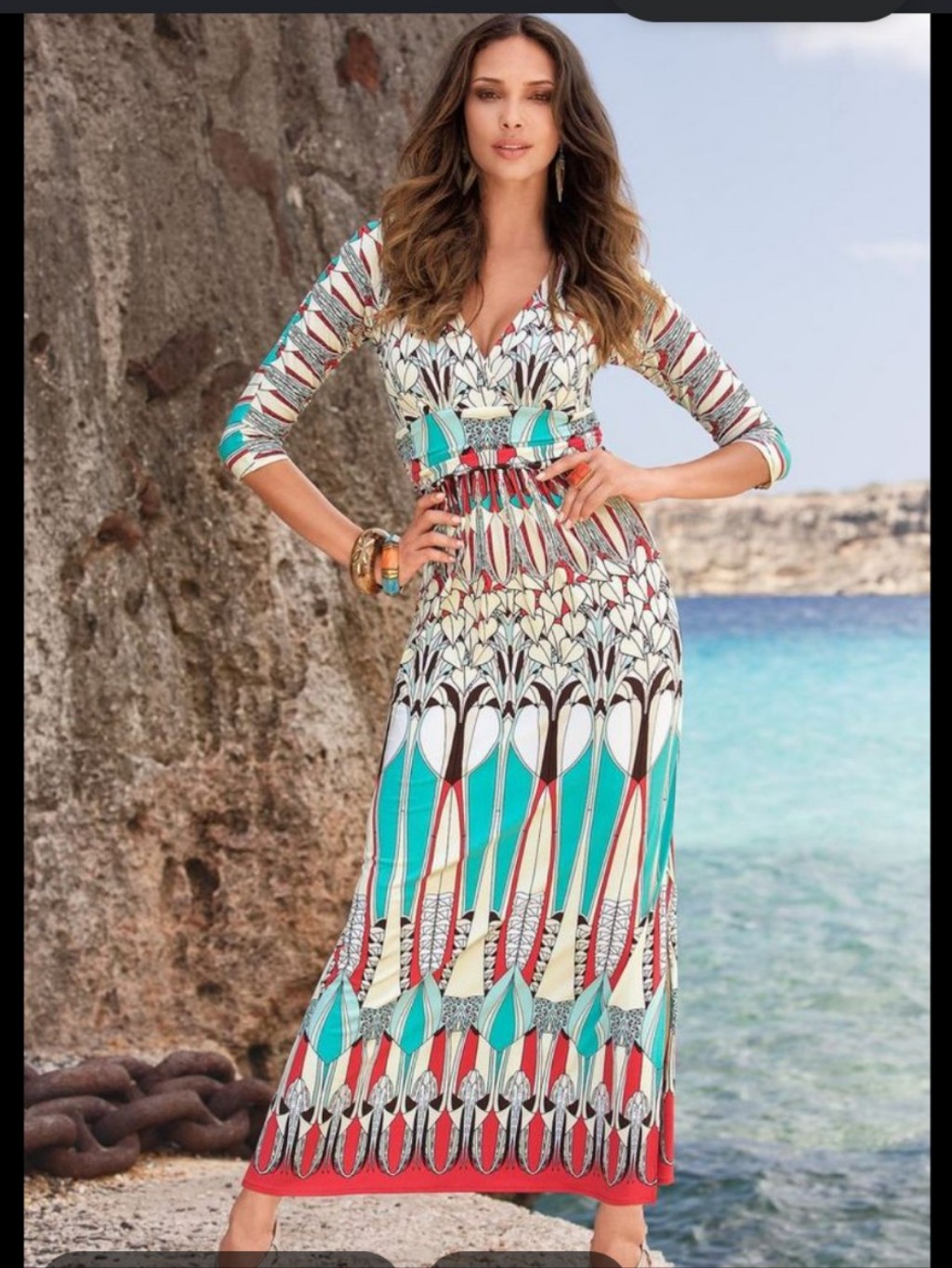 Art Deco Geometric Printed V-Neck Maxi Dress With Side Slits 10